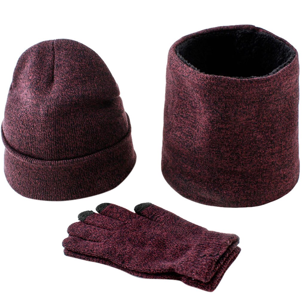 3 pièces ensemble de gants écharpe MenHat bonnet czapka i komin tricotin шаска караром casquette en tricot d'hiver coupe-vent épais chapeau écharpe ensemble # D: Wine