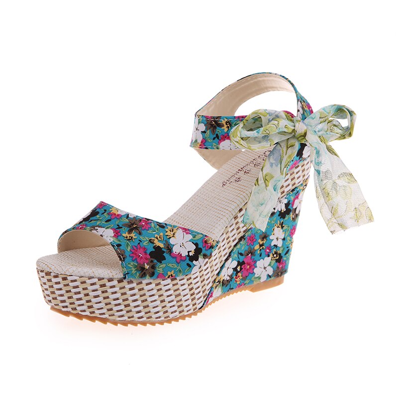 nouvelle plage d'été Boho sandales à talons compensés à fleurs femmes bride à la cheville plate-forme gladiateur chaussures femme talons hauts Sandalias Mujer: Bleu / 35
