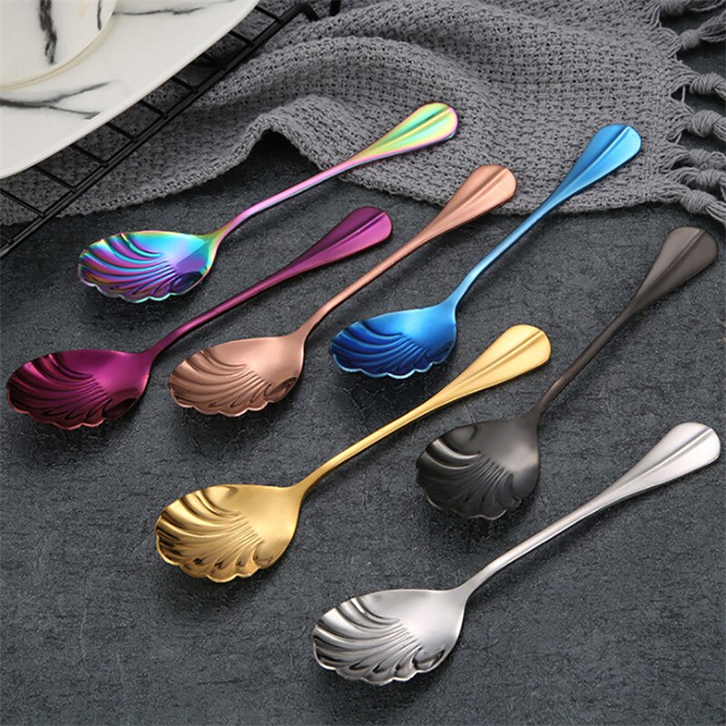 Coffee Spoon Stainless Steel Shell Tea Spoon Cake Dessert Fruit Fork Stirring Mini Spoon Dropshiping
