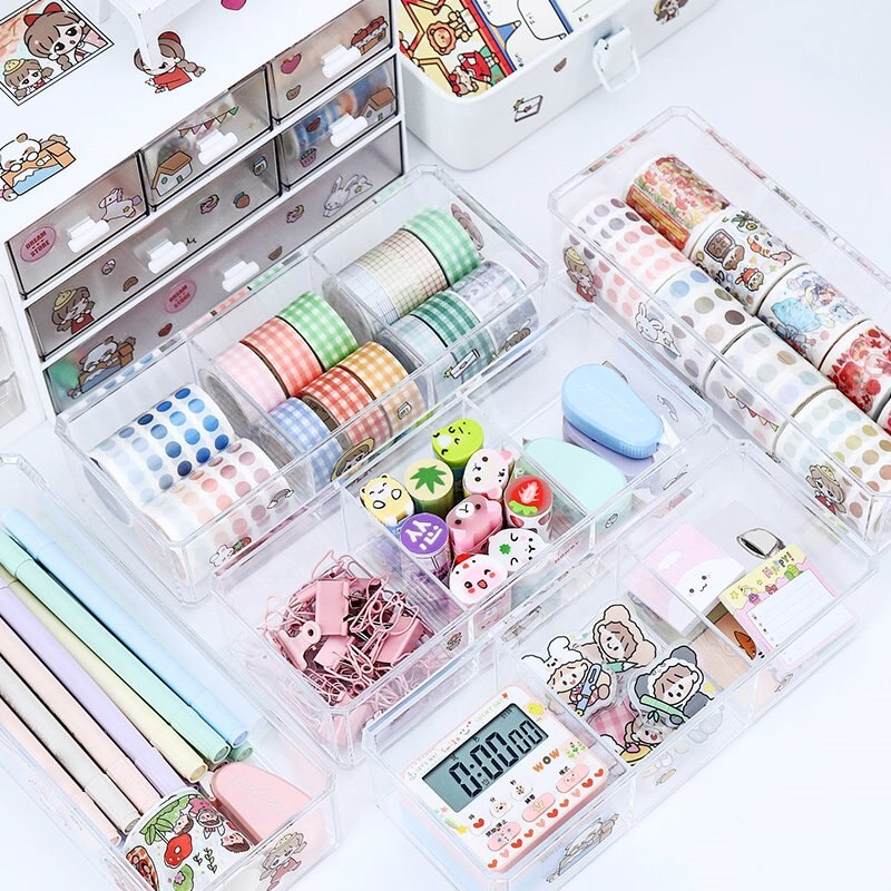 Transparent Desk Organizer Stationery Sundries Makeup Pencil Tape Stackable Plastic Storage Box School Office Stationery Holder