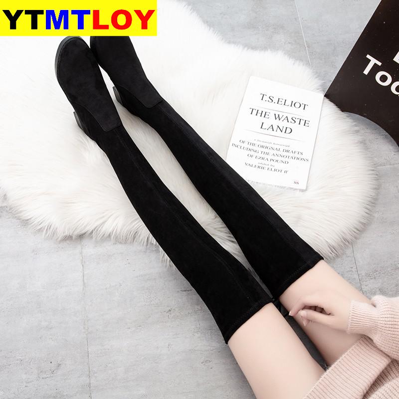Autumn Winter High Heel Boots Womens Over The Knee Boots Stretch Square Heel Single Thigh High Boots