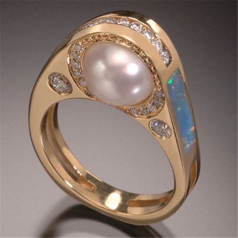 Modyle Neue Gold Farbe AAA Zirkonia Hochzeit Ring für Frauen Große Runde Simulierte Opal Ring