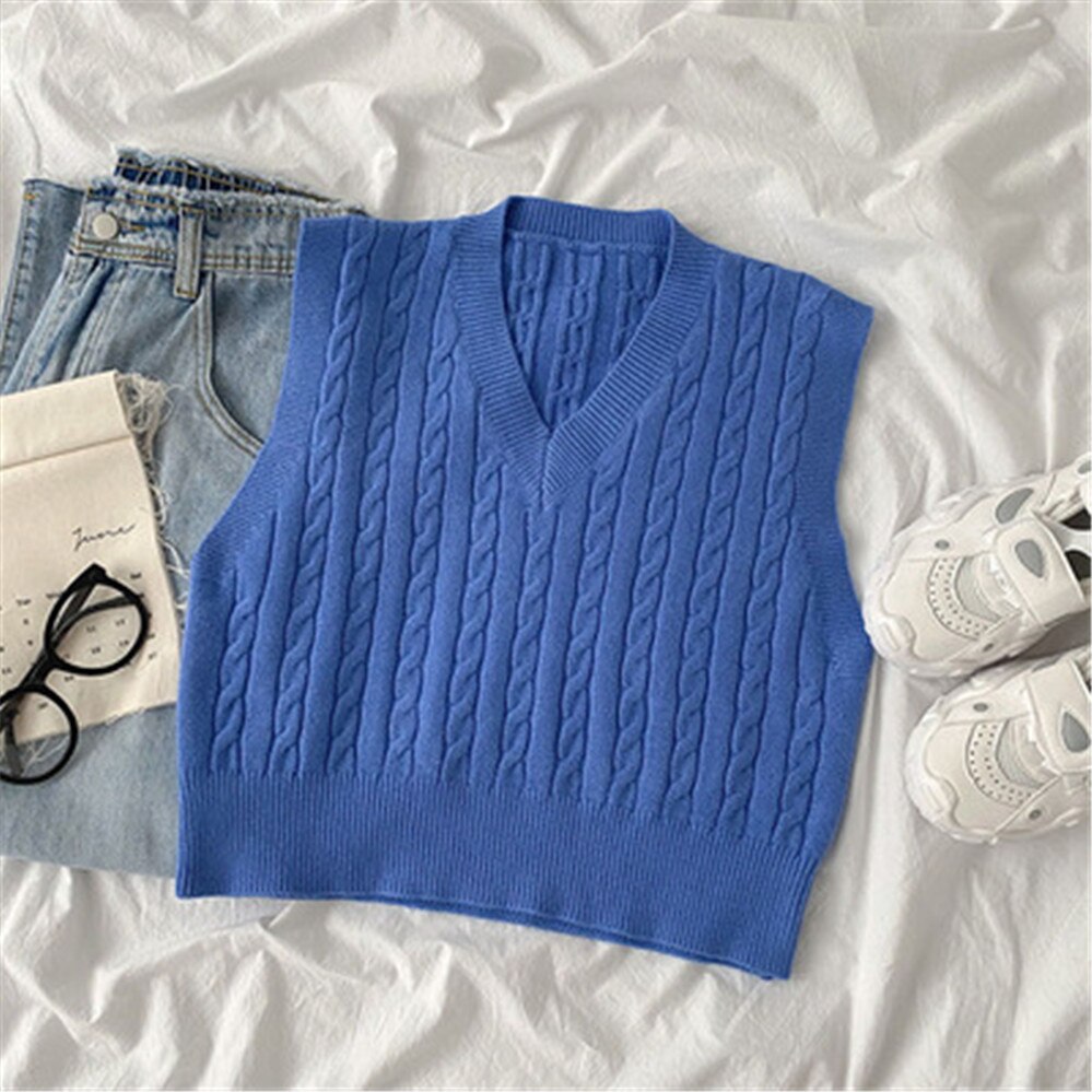 Knitted Vests Women V-neck Short Style Solid Basic Outwear Casual Colorful Waistcoats Womens Sleeveless Wool All-match: Blue