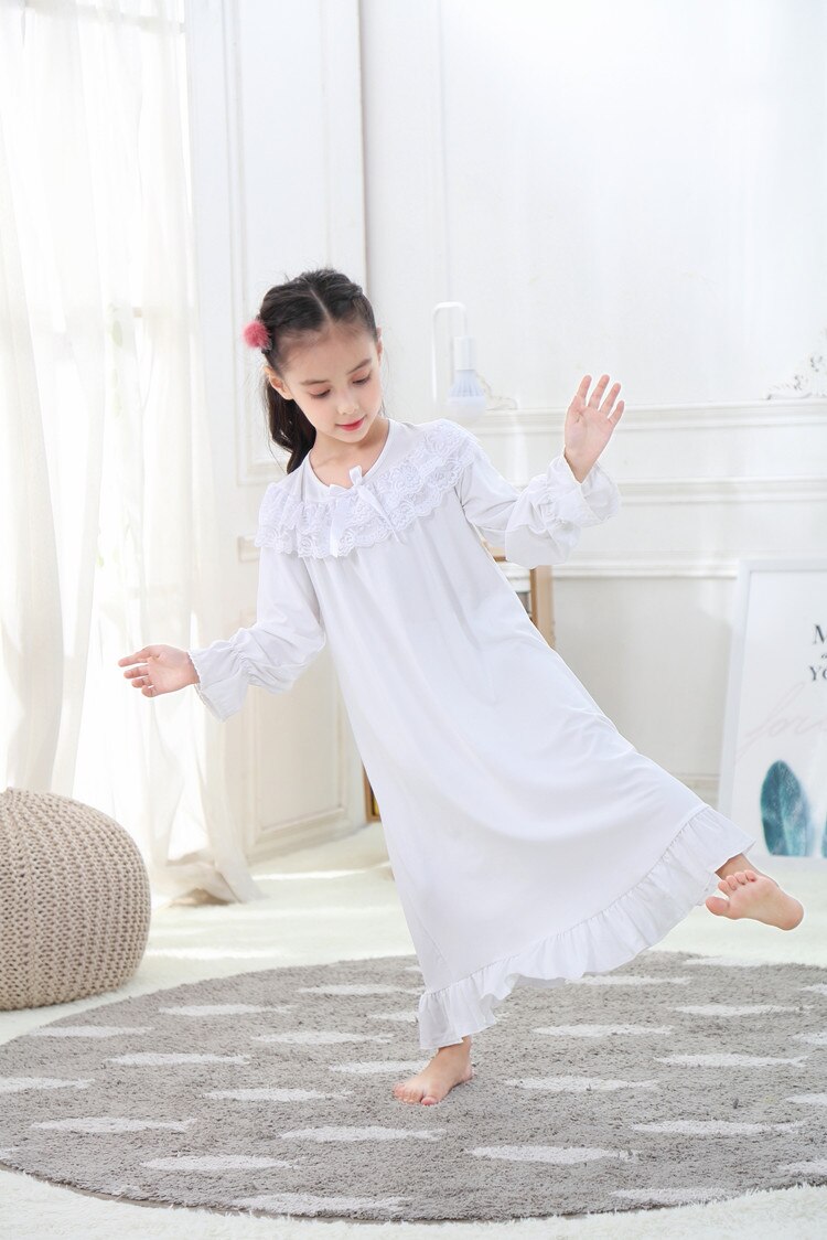 Camisón para niña de 2 a 10 años, pijamas para niños y adolescentes, ropa de dormir para el hogar, camisón de manga larga, vestido de noche,: white / 7T-8T