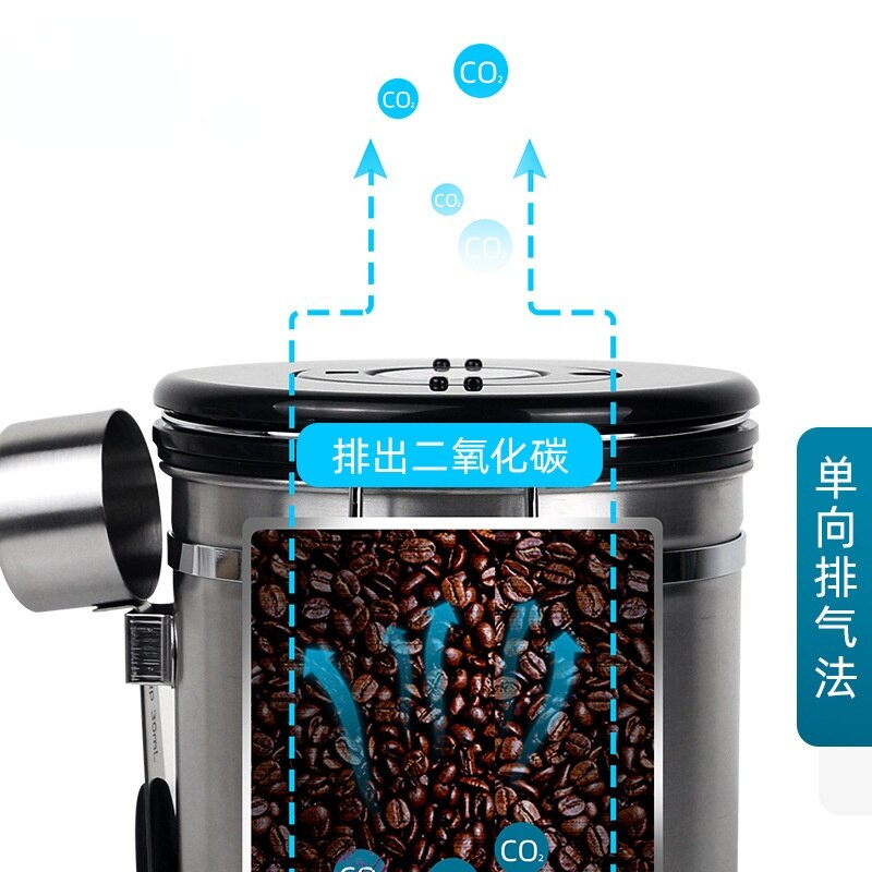 Coffee Bean Sealed Tank 304 Stainless Steel Exhaust Valve Breathable Sealed Storage Tank with Spoon Fresh-keeping Coffee Tank