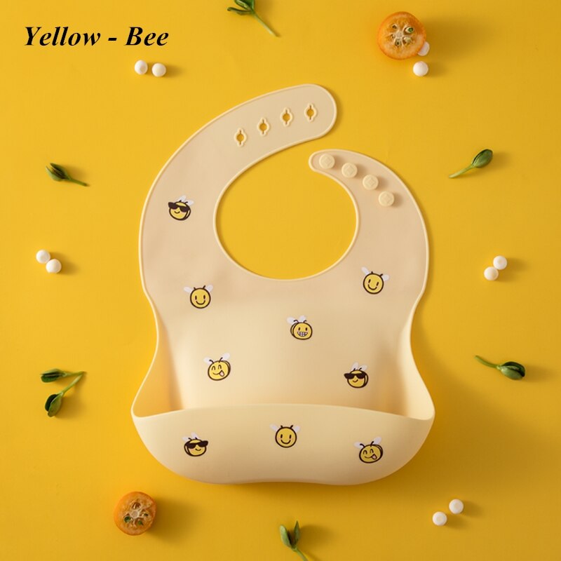 Beeshum Brand Cute Cartoon Print Baby Silicone Bib Waterproof Super Soft Feeding Bibs Kids Girl Boy Adjustable Children Apron: Yellow bee
