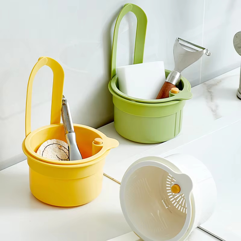Cesta de drenaje para fregadero 2 en 1, bolsa de filtro colgante para grifo, cesta de volcado automático ajustable, estante de esponja para fregadero, recolector de residuos de cocina