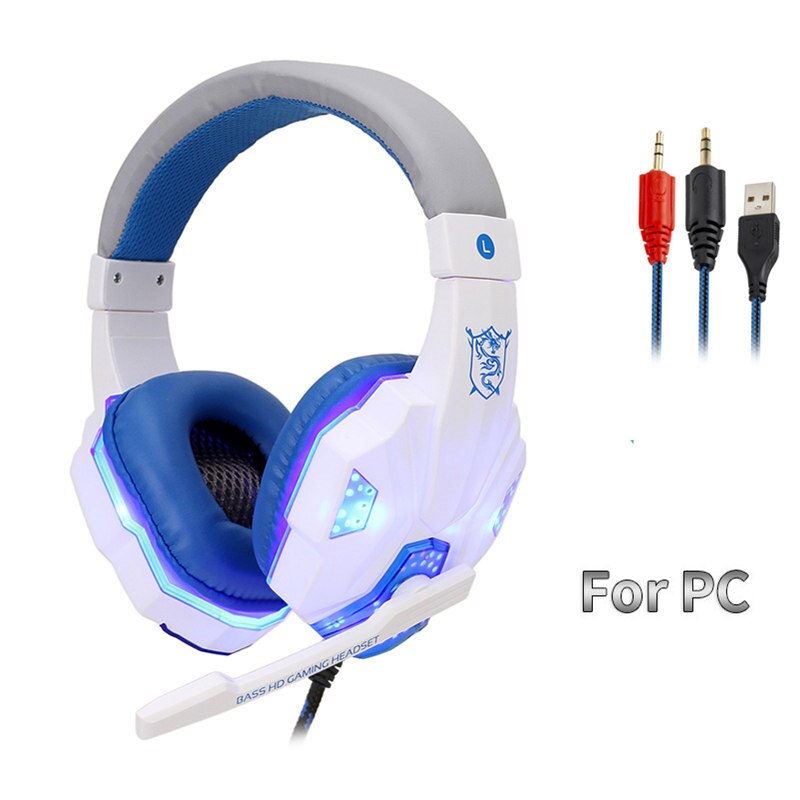 Professionele Bas Gamer Wired Hoofdtelefoon Voor PS4 Schakelaar Xbox Een Gaming Headset Met Microfoon Led Light Computer Pc Telefoon Headset: White Blue  PC