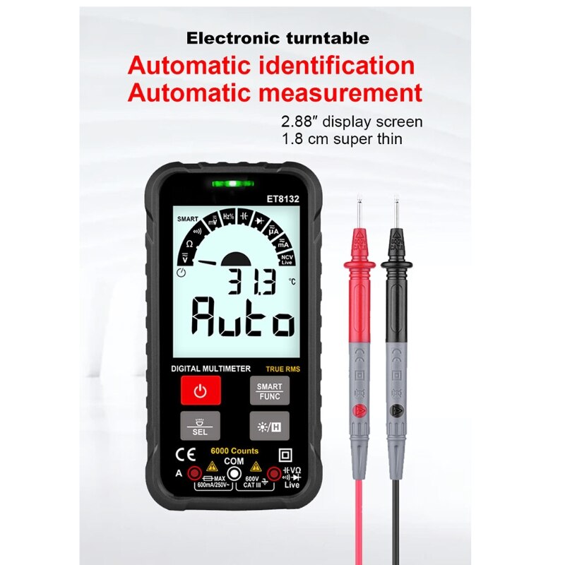 ET8132 Push-button Smart Digital Multimeter Automatic Recognition Auto Measurement Voltage Meter with LED Flashlight M7DA