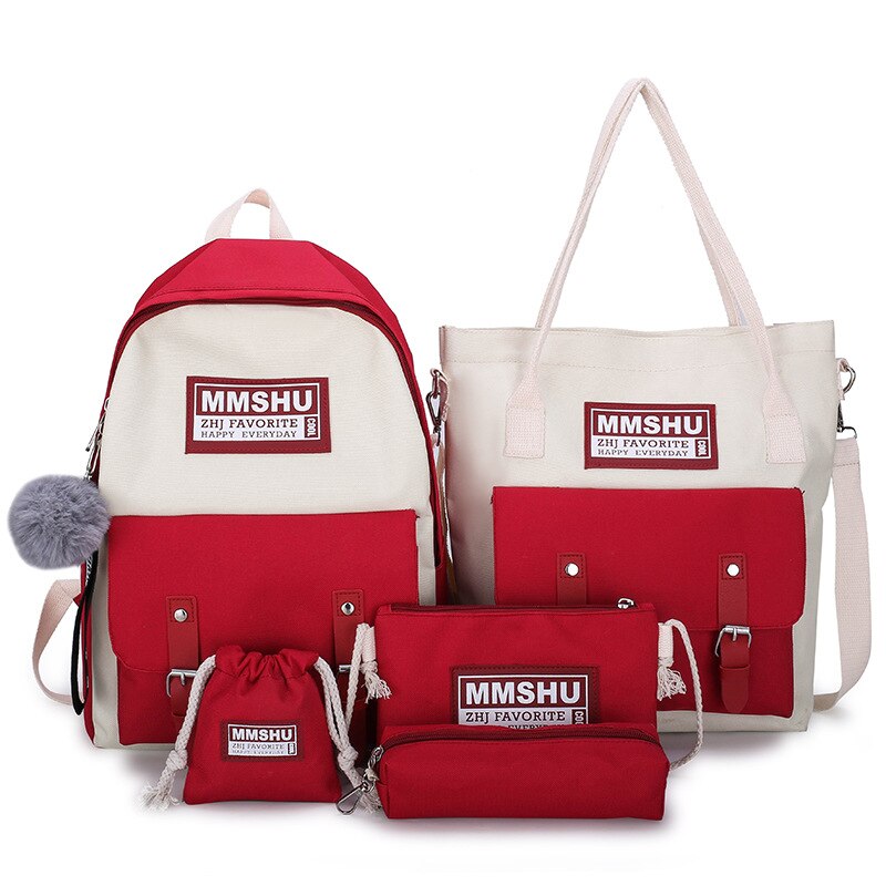 5 pièces/ensemble toile sacs d'école pour adolescentes couleur unie voyage sac à dos femmes Bookbags étudiant sac à dos sac à dos MD0158: B-Red