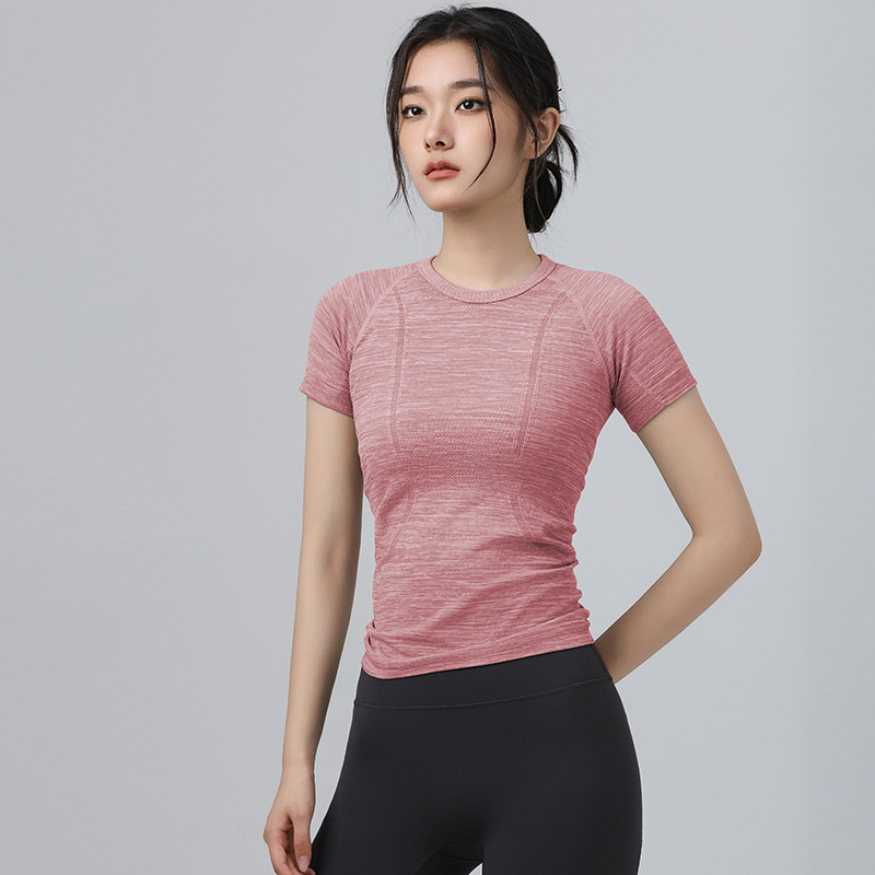 Sommer tætsiddende slank yogadragt kortærmet rund hals hurtigttørrende åndbar løbesports-t-shirt stretch pilates-top: Xl / Lyserød