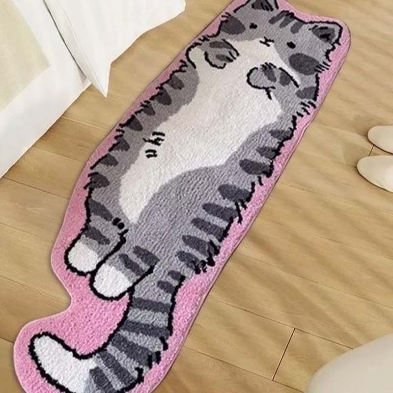 Cute Cat Faux Cashmere Bedside Carpet Cartoon Soft Anti-Slip Foot Rug for Bedroom Water Absorbing Wear-Resistant Home Floor Mat