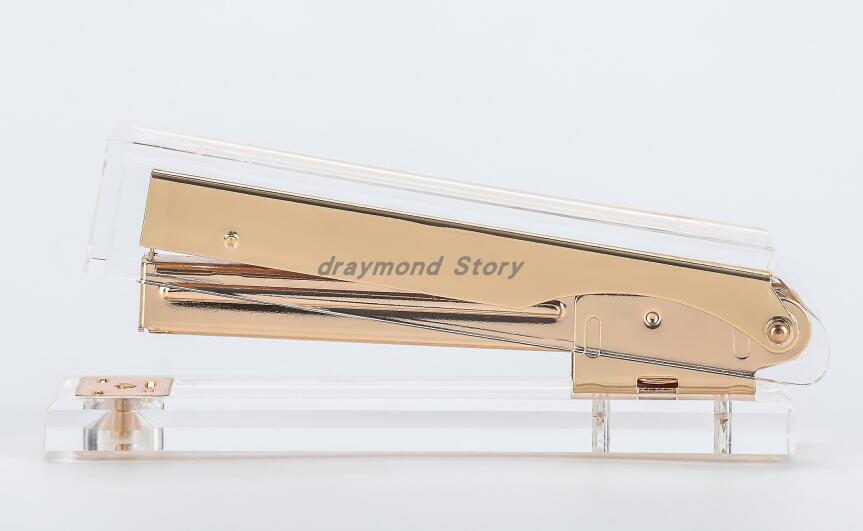 3pcs/setClear Memo Pad Note Holder+ Clear Acrylic Clipboard+Acrylic Stapler desk kit: yellow gold Stapler