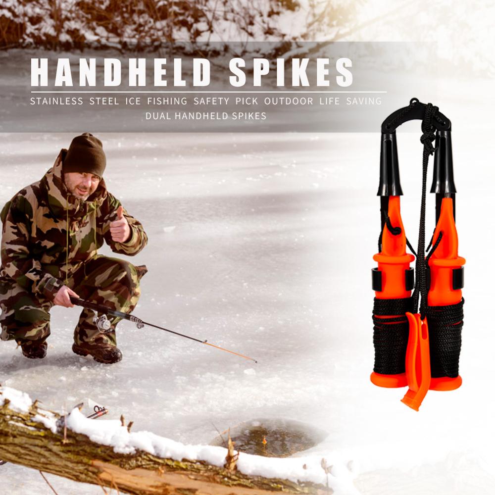 Stainless Steel Ice Fishing Safety Pick Outdoor Life Saving Dual Handheld Spikes Life Preserver with Lanyard Fish Tackle Pesca