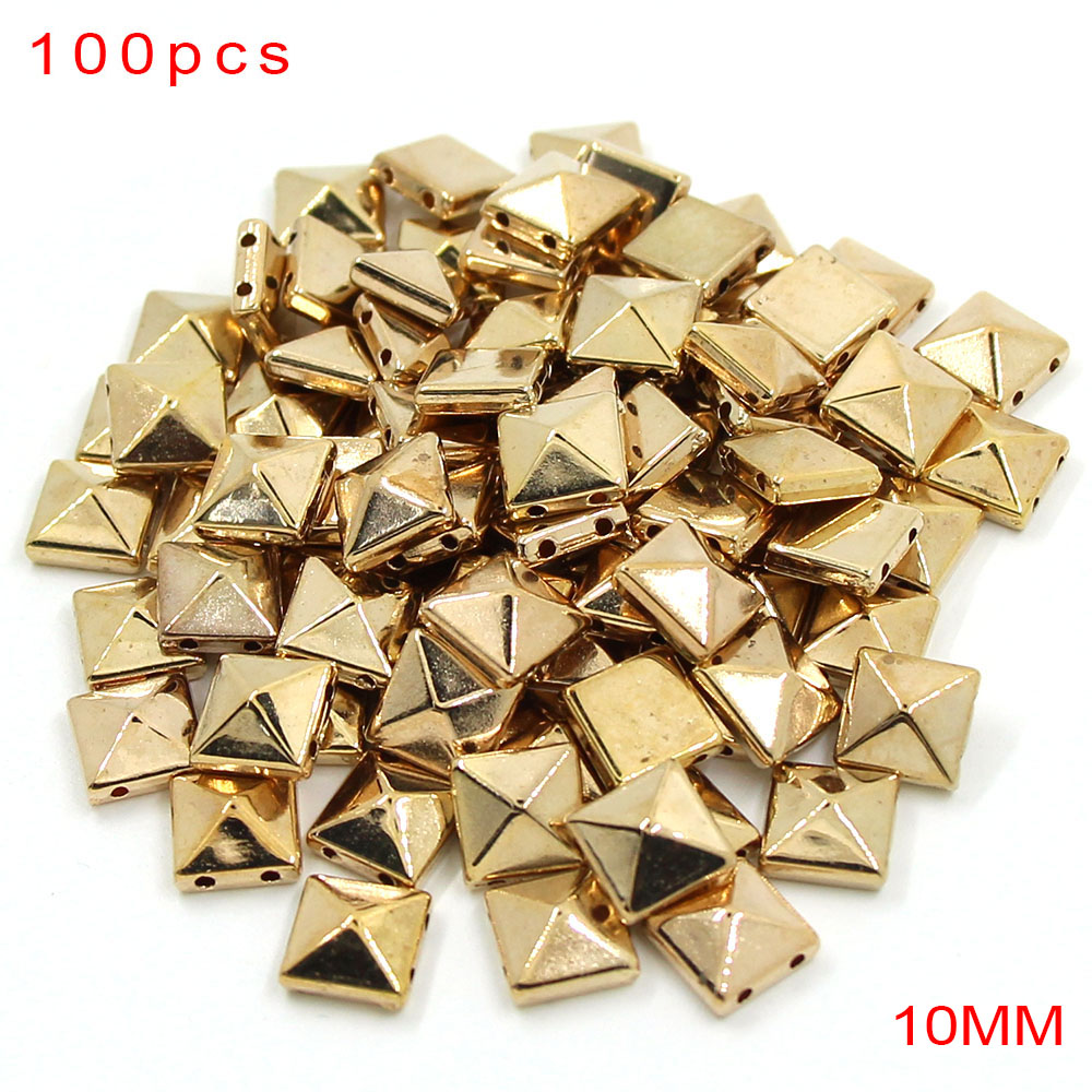 100Pcs 10Mm Piramide Plastic Spikes Vierkante Ccb Klinknagels Voor Leer Zilver Goud Naaien Spikes En Studs Diy punk Kleding/Schoenen/Hoeden: Flat Pyramid Gold