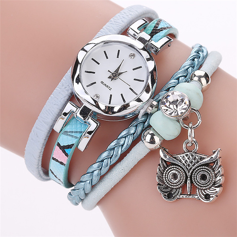 Mode Vrouwen Meisje Horloges Uil Hanger Armband Dames Jurk Horloge Lederen Band Quartz Horloge Luxe Casual Klok Relogio # c