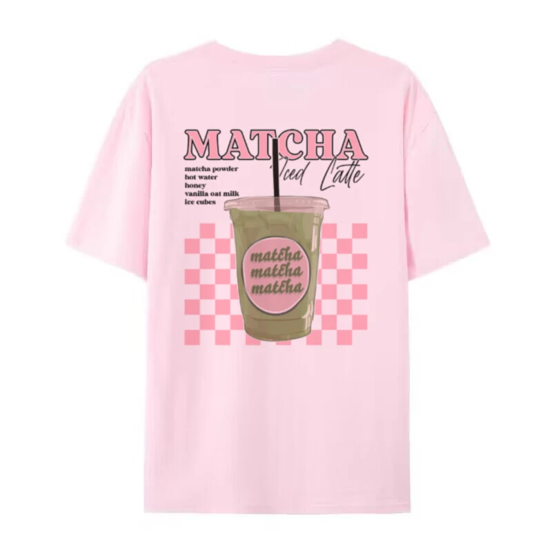 Y2k Esthétique Matcha Latte Dos Imprimé T-Shirt Mignon Matcha Amant T-Shirt Egirl Lâche Rétro Haut Femmes Vêtements De: XXL / Rose