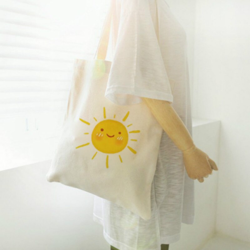 Mignon soleil impression à la sacs noirs sacs blancs fermeture à glissière Shopping fourre-tout toile sacs à provisions Eco sac à bandoulière réutilisable