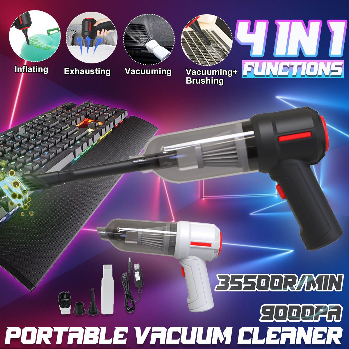 4-In-1 Draadloze Air Duster Usb Dust Blower Handheld Dust Collector Oplaadbare 9000Pa Portable Voor Pc laptop Auto Schoon Toetsenbord