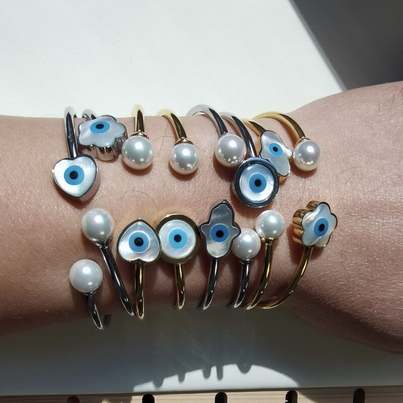 Lucky eye tyrkisk onde øje charme armbånd guld og sølv farve manchet justerbare stål smykker hamsa hånd/kløver/ hjerte