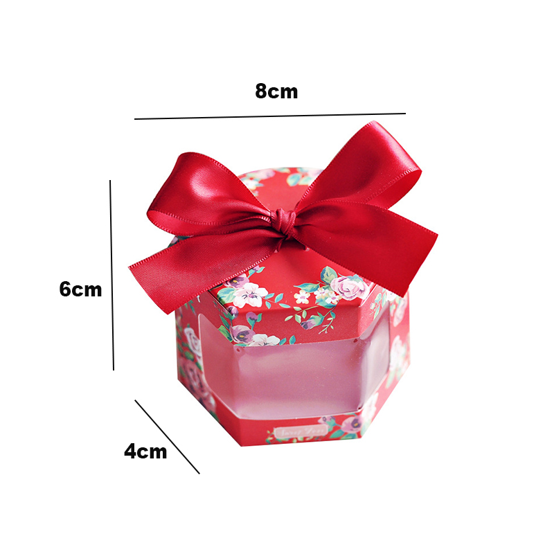 5Pcs Vintage Bloemen Gedrukt Dozen Snoep Hexagon Vorm Dozen Met Strik Lint Wedding Party Candy Chocolade Wikkelen Doos