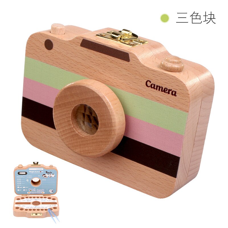 Wooden Baby Teeth Box Baby Tooth Keepsake Box Camera Shaped Wooden Container Storage Teeth Kids Tandendoosje Caja Dient: Tricolor Block