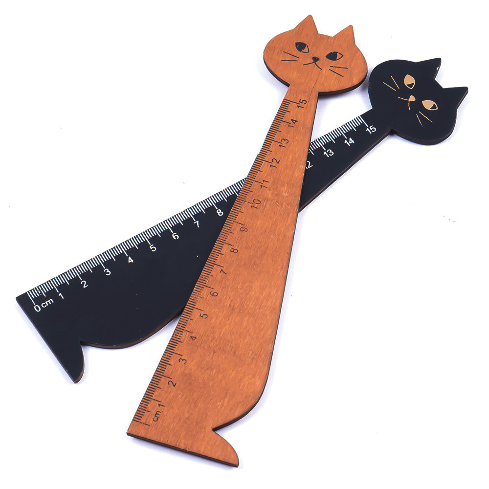 Regla de 15cm con forma de gato, regla recta de animales de madera, para útiles escolares para niños, papelería, negro, amarillo, 1 ud.