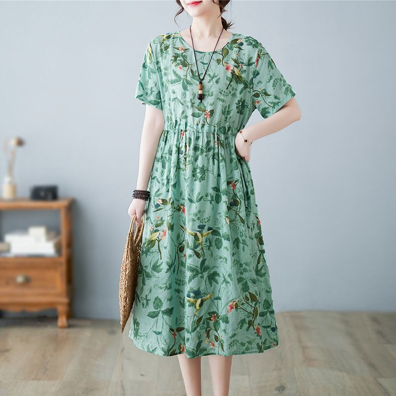 Summer Cotton Linen Literary Vintage Printing Loose Casual Robe Ladies Round Neck Lace Up Waist Dress Vestidos De Fiesta