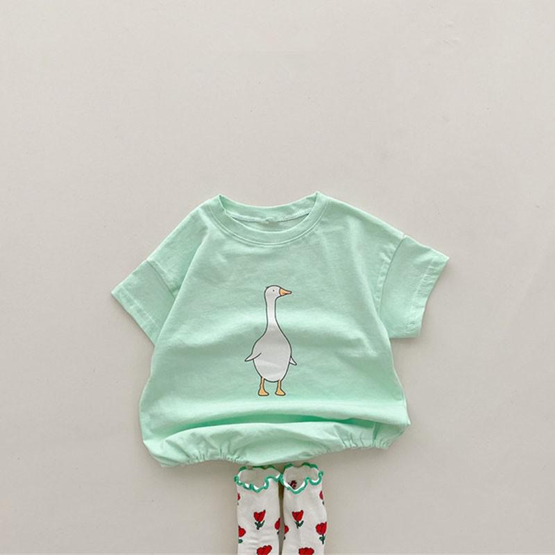 Cartoon Grote Gans Print Korte Mouw Leuke Kid Jongen Jumpsuit Eenvoudige Mode Katoen Pasgeboren Baby Meisje Zachte Bodysuit Een Stuk: green / 24M 90cm