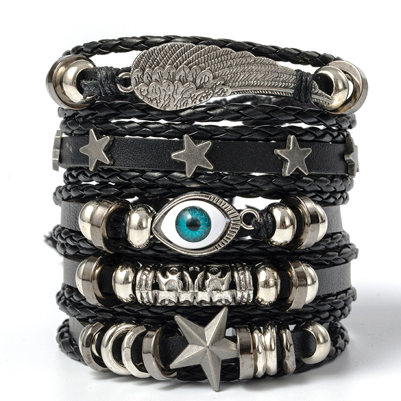 6 stks/set zwarte punk schedel & stervormige legering & pu lederen armband: Rood