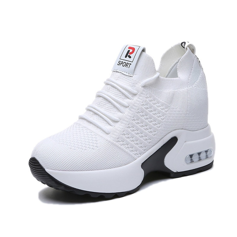 Kvinner sommer mesh plattform joggesko sneakers hvite sko 9.5cm høye hæler kiler utendørs sko pustende fritidssko kvinne