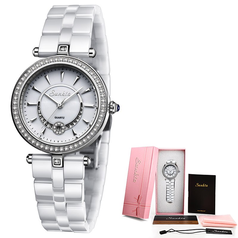 Sunkta quartz kvinder ure keramik ure kvinder top luksus mærke dame boutique armbånd ur kvinde ur reloj de dama: Sølvhvid