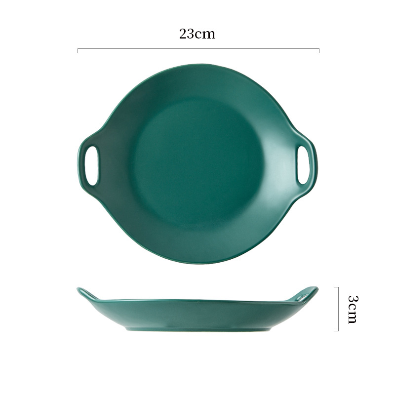 Nordic Matte Ceramic Plate Double Ear Household Plate Dim Sum Baking Plate Red Western Plate Square Plates Set Diner Plate: Green Circular Disk