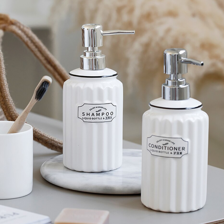 Ceramic Soap Dispenser Bottle White Large-capacity Shower Gel Shampoo Press Bottle Fillable Bathroom Empty Bottle