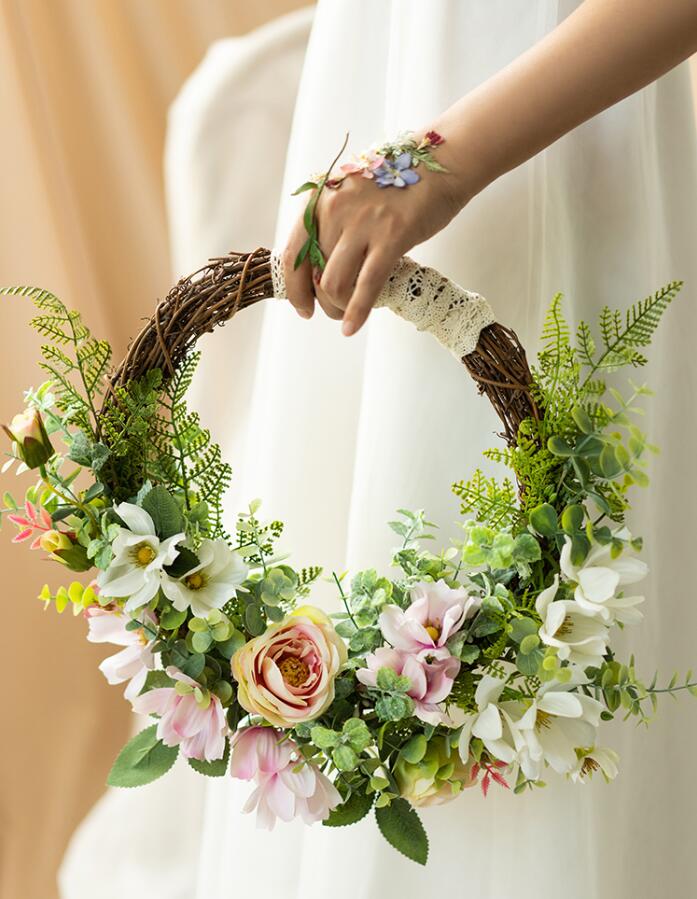 JaneVini Ronde Bruiloft Krans Bruidsboeketten Roze Kunstmatige Bloemenmand Bruid Boeket Bruidsmeisje Zijde Bloem Boeket Klopper: Hand Wreath