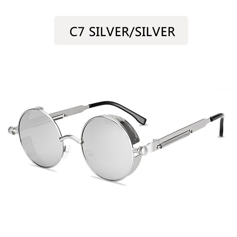 Klassisk gotisk steampunk stil runde solbriller mænd kvinder mærke retro runde metalstel farverige linse solbriller: C7