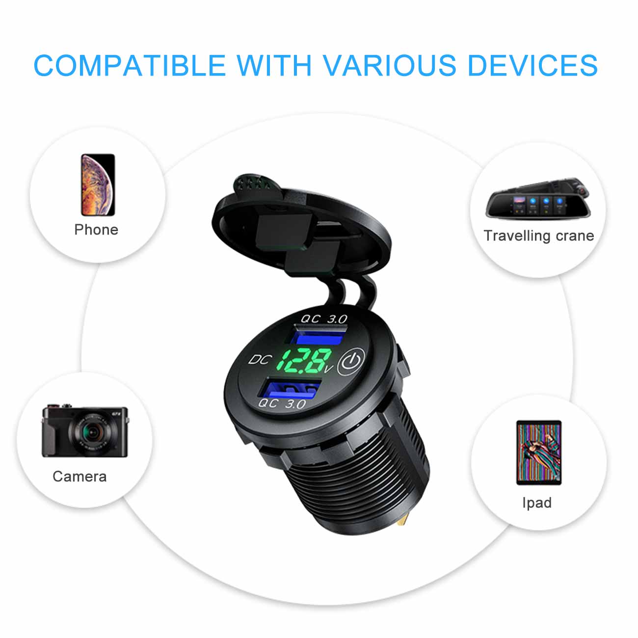 Dual USB Quick Charge Socket With Touch Switch LED Voltmeter Display Splitter Cigarette Lighter 12V-24V QC3.0 Power Adapter