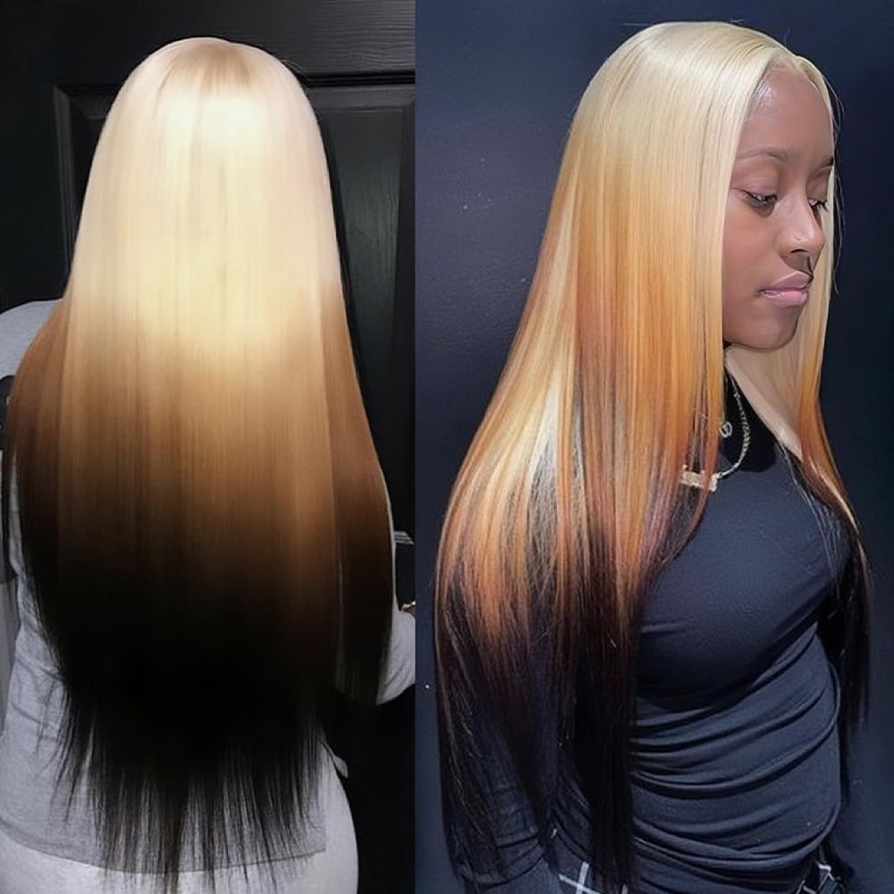 613 Blond met Bruine Ombre Pruik Synthetische Kant Lange Rechte Body Wave 13x4 Frontale Gradiënt Gekleurde Pruiken voor Vrouwen
