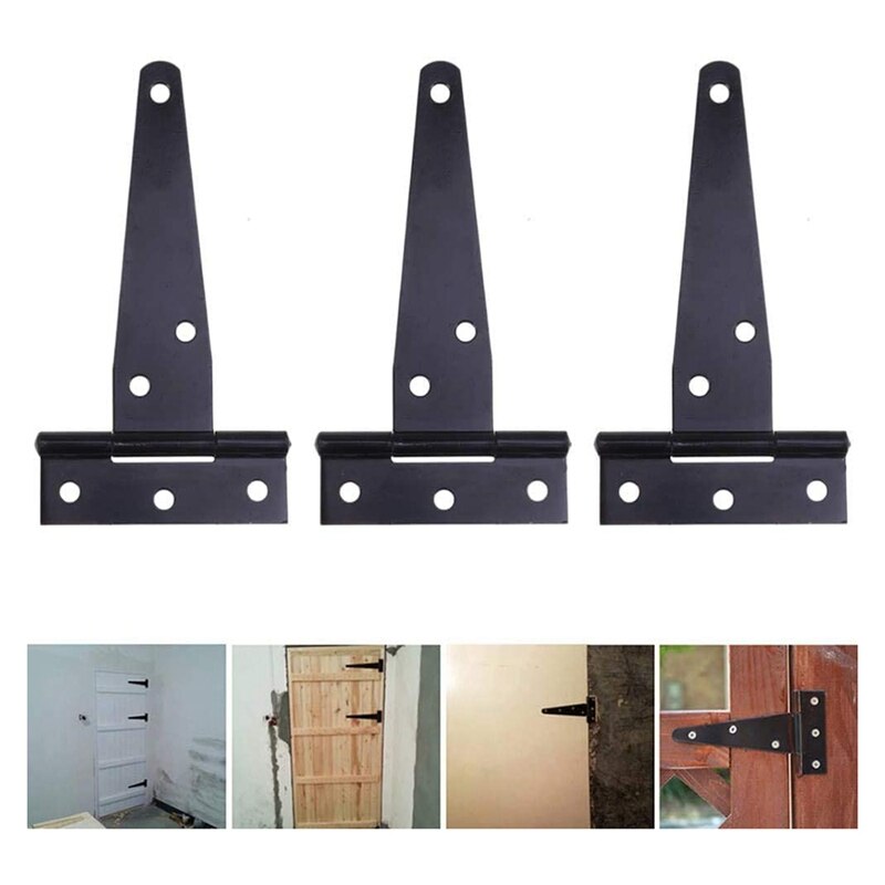 4 PCS 6 Inch Heavy Duty Door Hinges T-Strap Tee Shed Hinge Gate Hinges for Wooden Gates Hinges (Black)