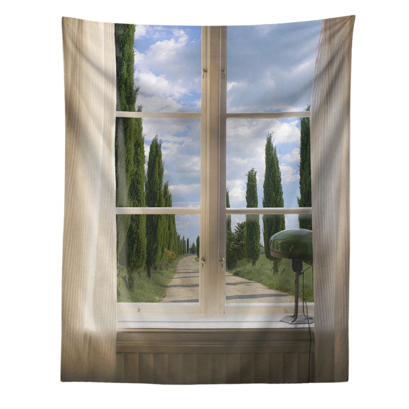 Tapiz de paisaje de ventana para colgar en la pared, decoración Vintage para habitación de niña, arte bohemio, estética, dormitorio, Sábana de colchón de Yoga