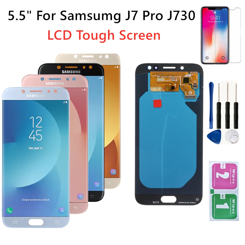 Lcd para samsung galaxy j7 pro 2017 j730 j730fm/ds display touch screen digitador assembléia com ferramentas de vidro temperado filme