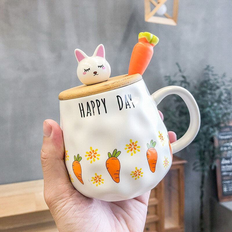 400ML Cartoon Ceramic Mug Turnip Rabbit Wooden Lid Ceramic Cup Milk Coffee Tea Cup Office Home Student Couple Cup: B