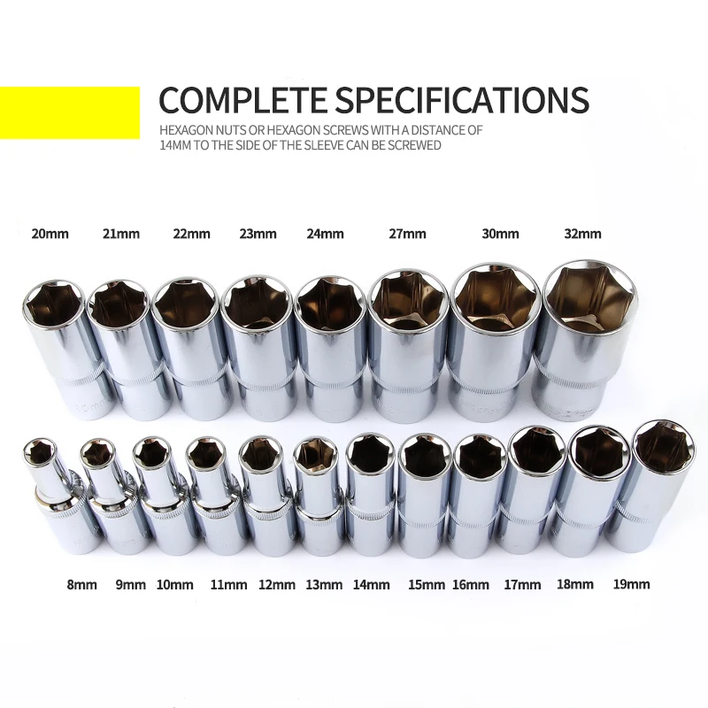 1Pcs 1/2" Inch Drive Long Hex Socket Head Deep Sockets 12.5mm Square Hole Machine Auto Repair Ratchet Wrench Tool 78mm Length