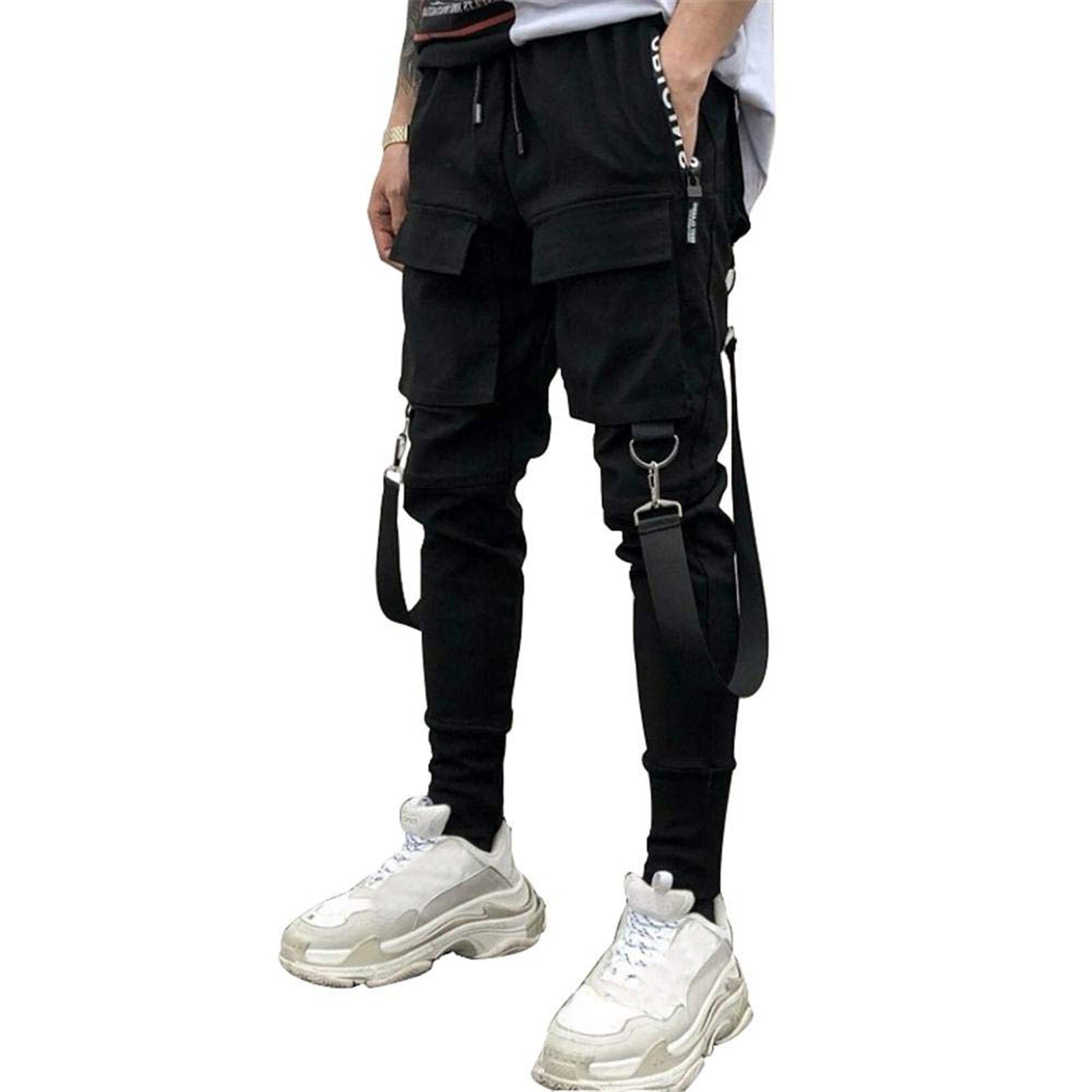 Pantalones de chándal rasgados con bolsillos para hombre, ropa deportiva para exteriores, de estilo Hip Hop, informal, para correr: XL