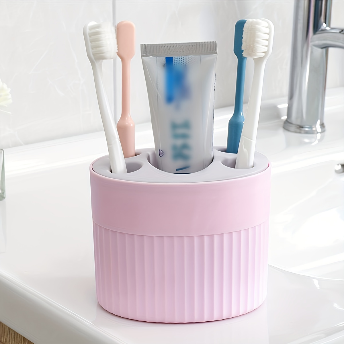 4 - Slot Toothbrush Holder with Drain Holes, ABS Plastic Freestanding Bathroom Organizer for Toothpaste, Home & Festival: Pink