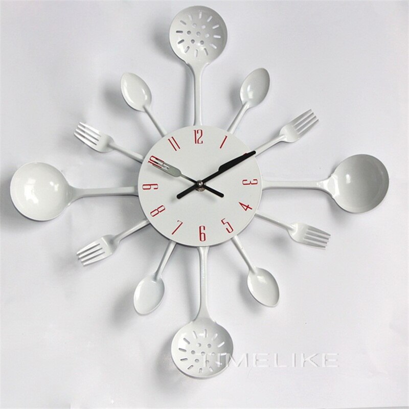 Horloge murale de cuisine en métal | De grande taille, en métal de cuillère à fourchette, horloge murale de cuisine, spécial: WHITE