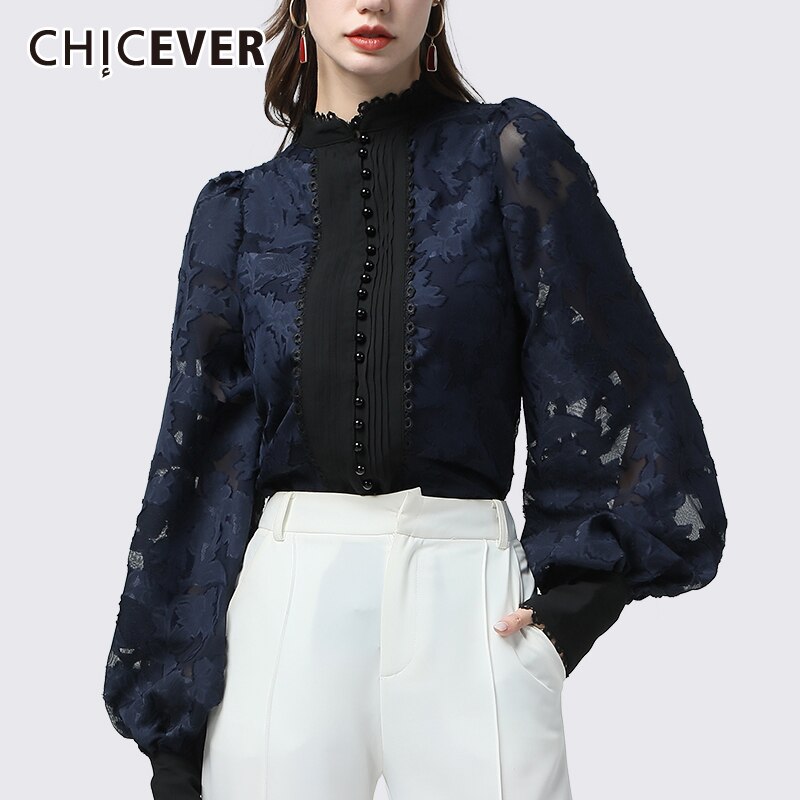 CHICEVER drucken Hemden Für Frauen Stehen Kragen Laterne Langarm Patchwork Perlen Blusen Weibliche Herbst Kleidung