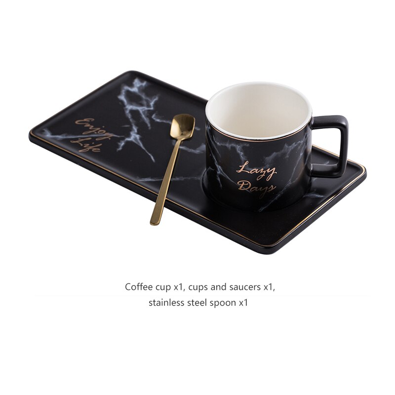 Koffie Cup Keramische Phnom Schotel Set Thee Sojamelk Cup Mok En Schoteltjes Lepel Sets Dessert Plaat Met doos Kerstcadeaus: BLACK