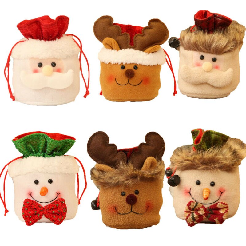 1Pcs Kerst Kids Candy Pouch Tassen Santa Sneeuwpop Elanden Xmas Bag Koord Opbergtas Xmas Decor