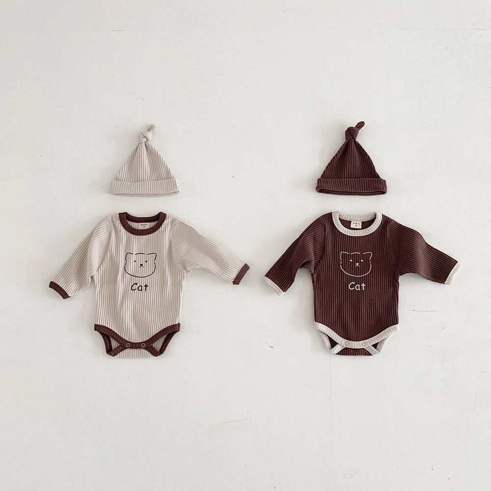 Leuke Kat Afdrukken Lange Mouw Overall Met Cap Baby Kids Effen Kleur Casual Outfits Baby Jongens En Meisjes Kleding